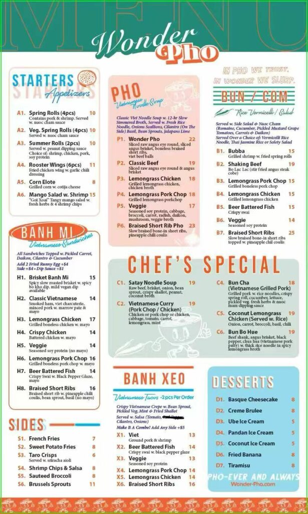 Wonder Pho Vietnamese menu